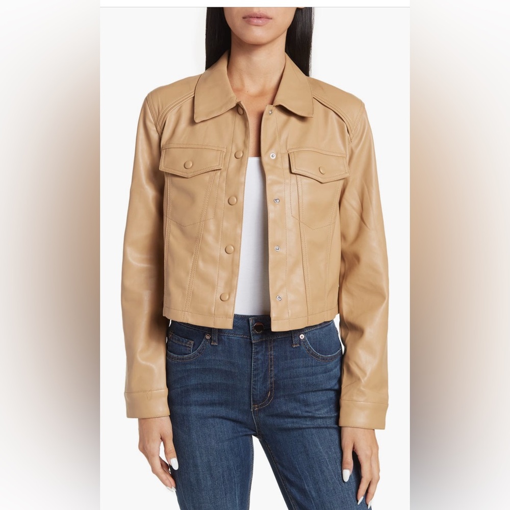 BlankNYC Faux Leather Crop Trucker Tan Jacket